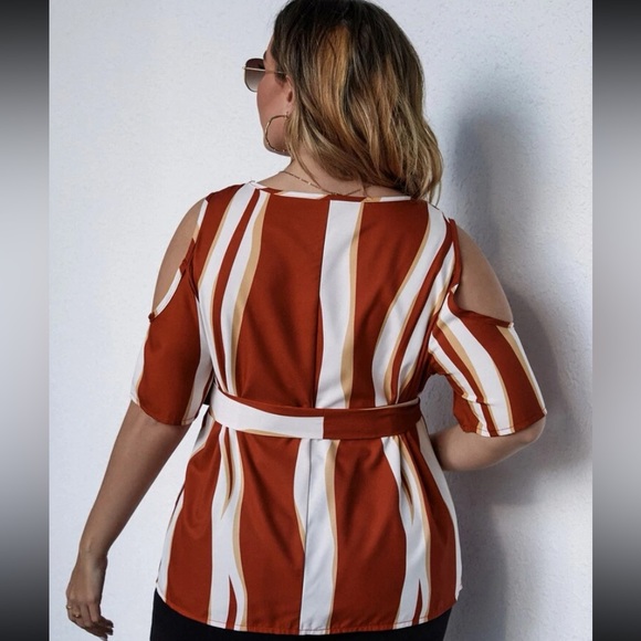 Color Block Cold Shoulder Blouse - Picture 2 of 12